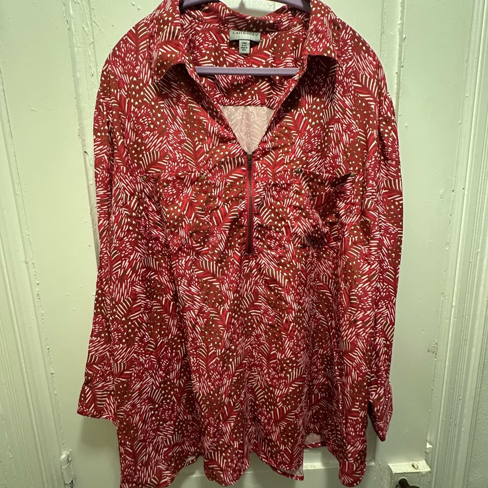 Catherines Red and White Leaf Print Blouse